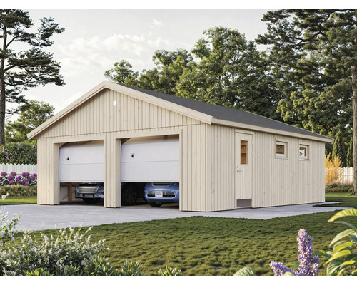 Doppelgarage aus Holz mit zwei geparkten Autos