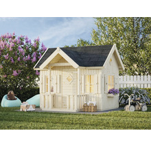 Holzspielhaus mit dunklem Dach in einem Garten