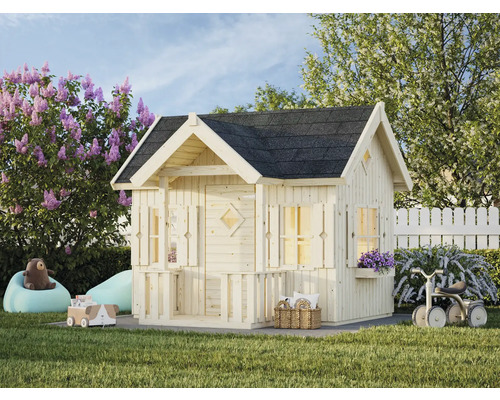 Holzspielhaus mit dunklem Dach in einem Garten