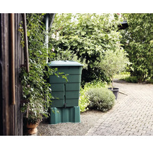 Regentonne aus Kunststoff im Garten mit Pflanzen