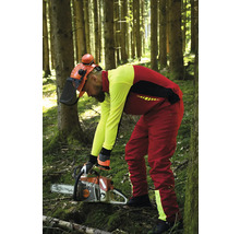 Mann mit Motorsäge und Schutzkleidung im Wald