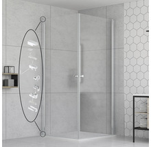 Eckdusche mit Glaselementen und Details zur Montage