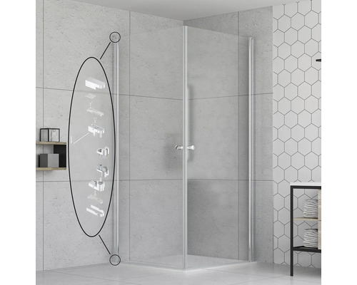 Eckdusche mit Glaselementen und Details zur Montage