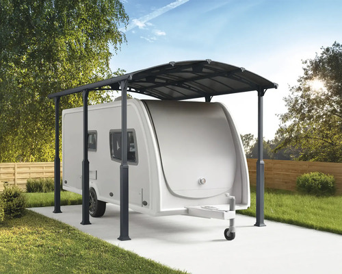 Wohnwagen unter einem Unterstand im Außenbereich.