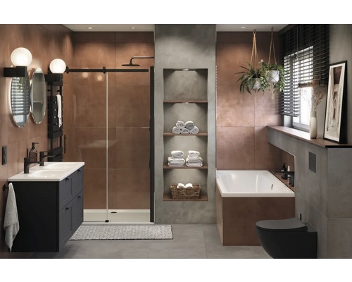 MIRAVA Feinsteinzeug Wand- und Bodenfliese MANHATTAN Grey 60 x 60 x 0,9 cm matt rektifiziert Modernes Badezimmer mit Dusche, Waschtisch, Badewanne und Toilette in dunklen Farbtönen