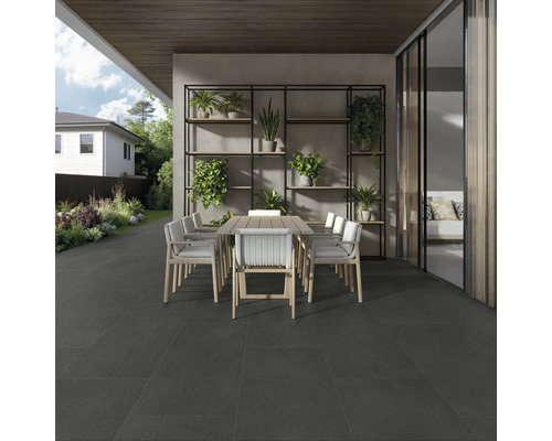 Terrasse mit Esstisch und Stühlen sowie Regal mit Pflanzen