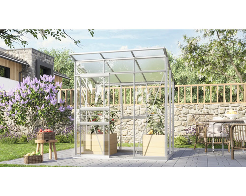 Gewächshaus im Garten mit Pflanzen und Gartenmöbeln.