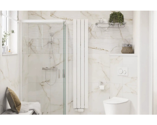 Badezimmer mit Dusche, Heizkörper und Toilette in heller und geräumiger Gestaltung.