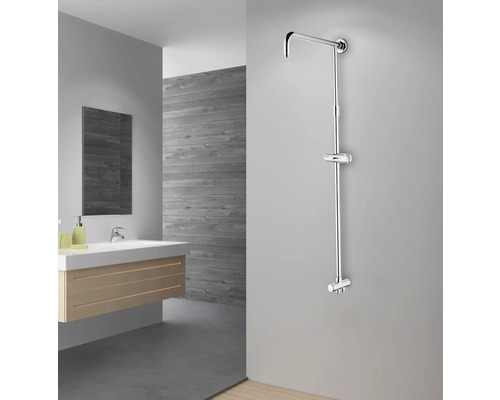 Duschstange in einem Badezimmer mit Waschbecken und Spiegel