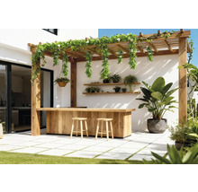 Außenbereich mit Holzpergola, Bar und Hockern sowie Bepflanzung.