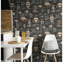 Küchenszene mit Esstisch und Kaffee-Motivtapete