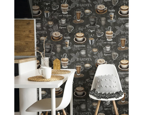 Küchenszene mit Esstisch und Kaffee-Motivtapete