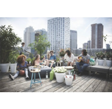 Szene mit verschiedenen Personen auf einer Dachterrasse mit Stadtblick, Sitzmöbeln und Pflanzenkübeln.