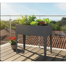 Hochbeet aus Metall mit Pflanzen auf einem Balkon