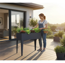 Frau pflegt Gemüse in einem Hochbeet auf einer Terrasse.