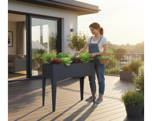 Frau pflegt Gemüse in einem Hochbeet auf einer Terrasse.