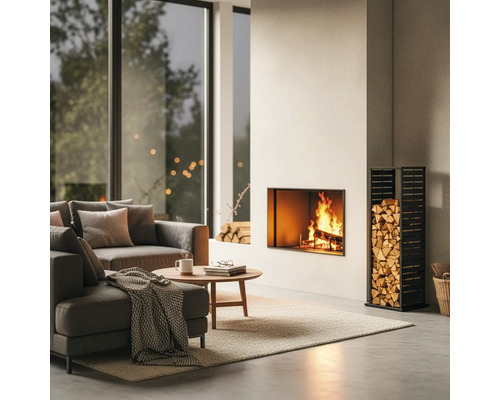 Wohnzimmer mit Kamin, Sofa, Couchtisch und Holzregal