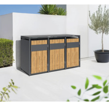 Drei Mülltonnenboxen aus grauem Metall und Holz im Außenbereich