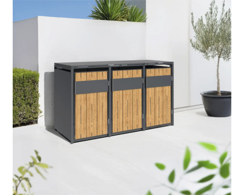 Drei Mülltonnenboxen aus grauem Metall und Holz im Außenbereich