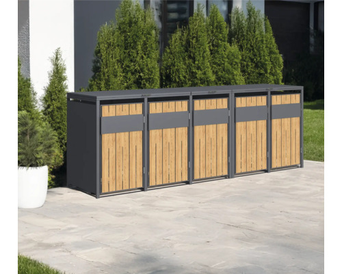 Mehrfache Mülltonnenbox aus Metall und Holz für den Aussenbereich