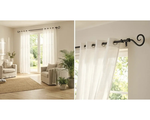 Wohnzimmer mit weißen Gardinen und Gardinenstange