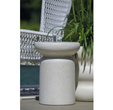 Dekorativer Beistelltisch aus Stein mit Getränk und Pflanze