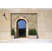 Fassade mit Steintürbogen und bepflanzten Pflanzkästen