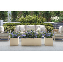 Terrasse mit Sofa, Sesseln und bepflanzten Pflanzgefäßen für den Außenbereich.