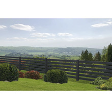 Sichtschutzzaun aus Kunststoff mit Querstreben in einer Gartenlandschaft