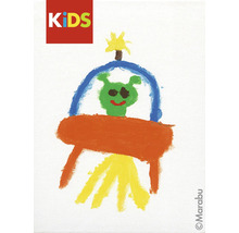 Kinderzeichnung eines grünen Aliens in einem Raumschiff unter dem Marabu Kids Logo