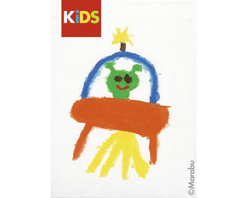Kinderzeichnung eines grünen Aliens in einem Raumschiff unter dem Marabu Kids Logo