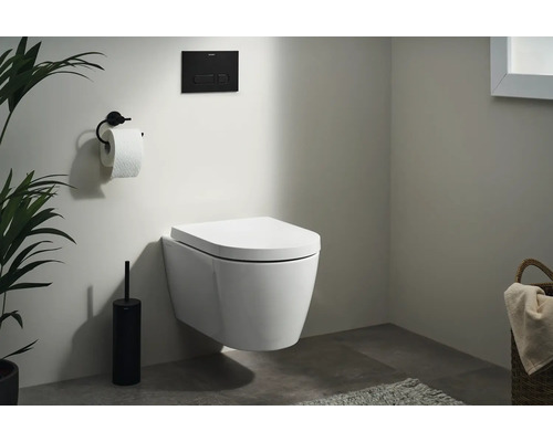 Modernes Badezimmer mit wandhängendem WC, Betätigungsplatte und Toilettenpapierhalter.