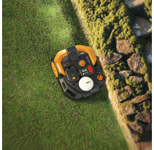 Aufsicht eines Mähroboters auf Rasen neben einer Steinmauer