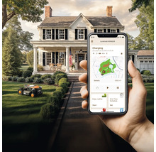 Szene mit einem Landroid Mähroboter und einer Smartphone-App zur Steuerung des Geräts vor einem Wohnhaus.