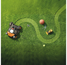 Szene mit Rasenmähroboter, Spielzeugtraktor, Basketball, Tenniball, Gartenschere, Brille und Schlüssel auf Rasenfläche