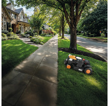 Ein Rasenmähroboter mäht den Rasen vor einem Wohnhaus.