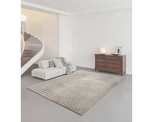 Helles Wohnzimmer mit modernem Teppich, Sofa und Kommode.