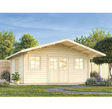 Holzgartenhaus mit Doppeltür und Fenstern im Garten