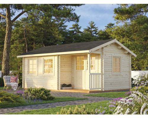 Gartenhaus aus Holz mit Fenstern und Veranda im Garten