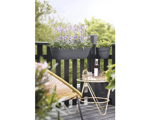 Balkonszene mit bepflanztem Balkonkasten und Dekoration auf einem kleinen Tisch.