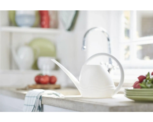 Weiße Gießkanne auf einer Küchentheke