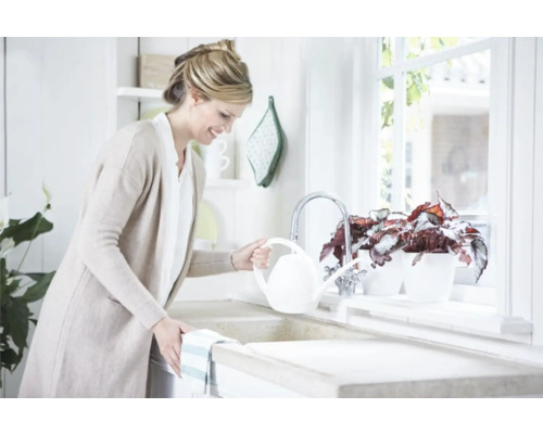 Frau gießt Pflanzen in der Küche mit einer Gießkanne