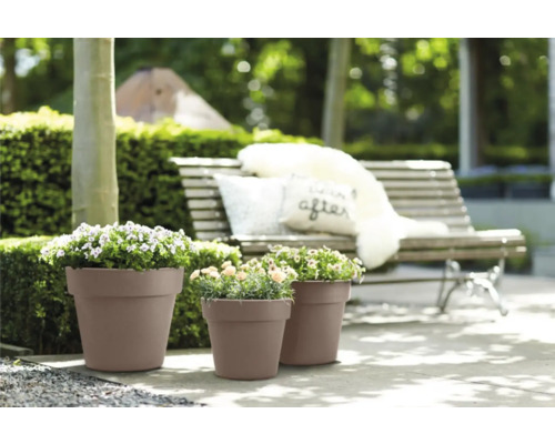 Drei Pflanzkübel mit Bepflanzung im Garten