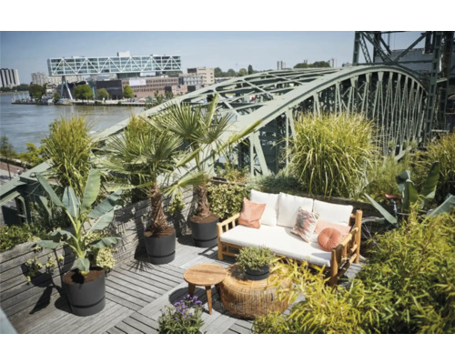 Dachterrasse mit Holzboden, Sofa, Couchtisch und Pflanzenkübeln unter einer Stahlbrücke