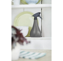 Graue Sprühflasche auf einem Regal mit Geschirr