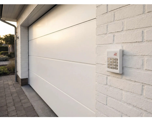 Garage mit Garagentor und Zahlencode-Tastatur