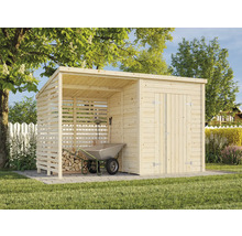 Holzgartenhaus mit Geräteschuppen und Holzlege im Garten