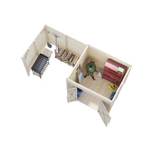 Vogelperspektive eines Holzgartenhauses mit Grill, Regal, Gartengeräten und Brennholz.