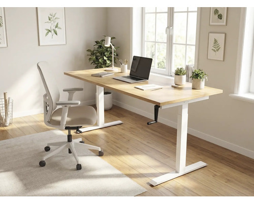 Büro mit höhenverstellbarem Schreibtisch, Bürostuhl und Zimmerpflanzen