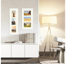 Zwei weiße Fotorahmen für je drei Fotos hängen an einer Wand über einem weißen Schrank.